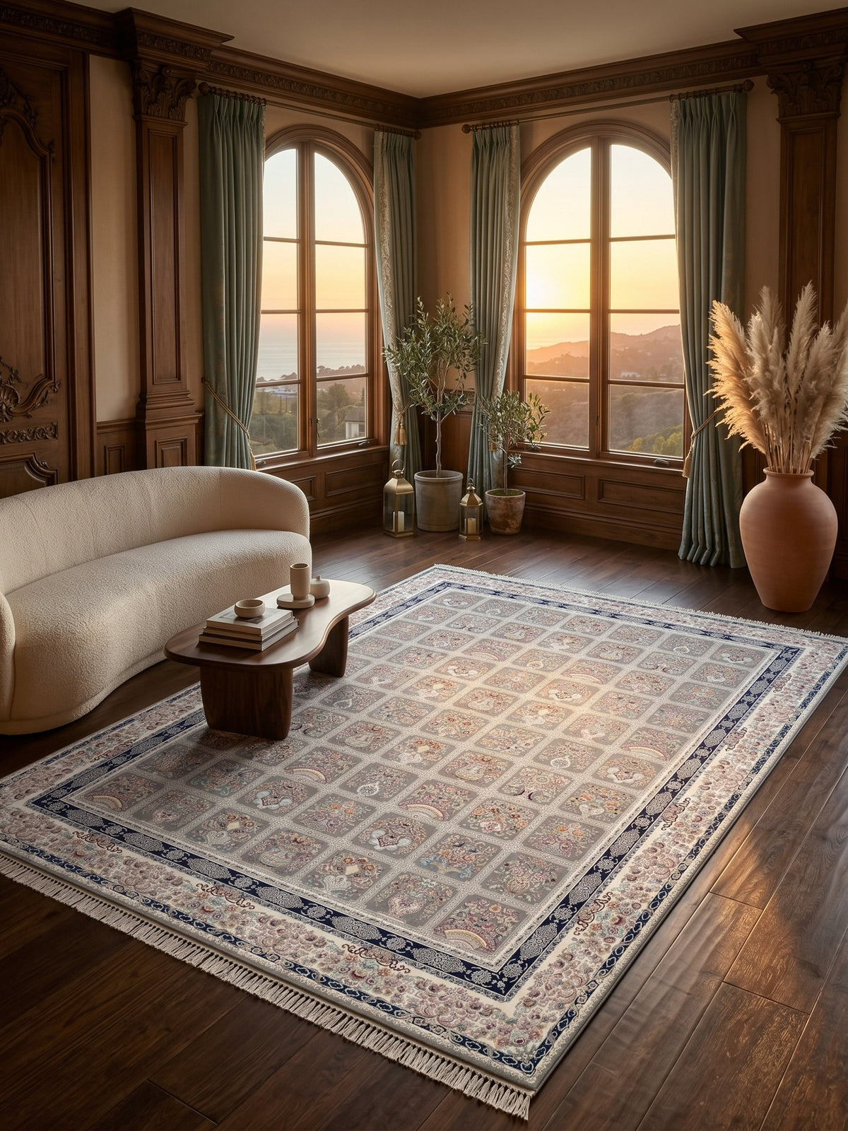 Gray Patchwork Persian Rug · 1200 Reeds styled in a room — Stylish Rugs & Carpets, Sacramento