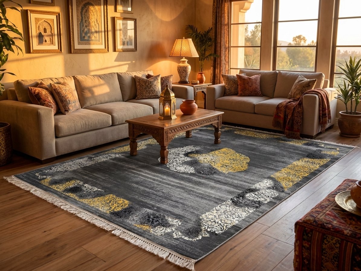 Gray & Gold Medallion Persian Rug · 1200 Reeds rug styled in a Sacramento home — Stylish Rugs & Carpets
