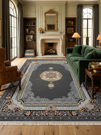 Dark Gray & Gold Medallion Persian Rug styled in a room — Stylish Rugs & Carpets, Sacramento
