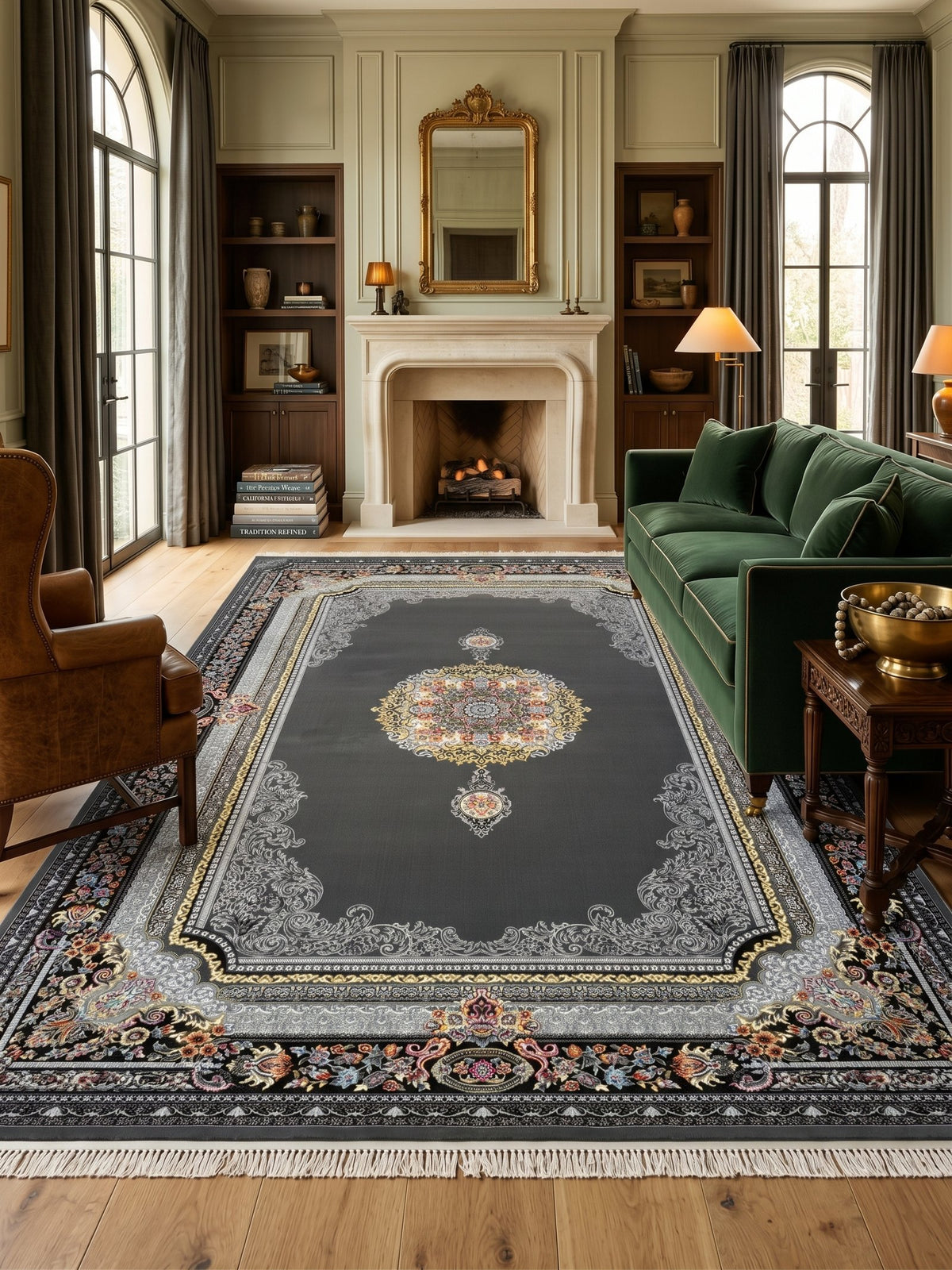 Dark Gray & Gold Medallion Persian Rug styled in a room — Stylish Rugs & Carpets, Sacramento