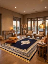 Navy Medallion Persian Rug · 3M Points styled in a room — Stylish Rugs & Carpets, Sacramento