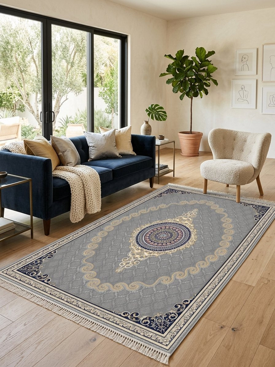 Silver & Gold Scroll Persian Rug · 1200 Reeds — size 3x10Feet (91x300cm)  3Meters Runner shown to scale in a living room — Stylish Rugs & Carpets, Sacramento