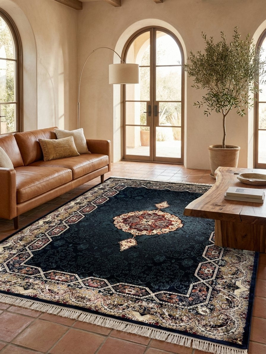 Navy Persian Design Rug — 1200 Reeds — area rug styled in a room, Stylish Rugs & Carpets, Sacramento