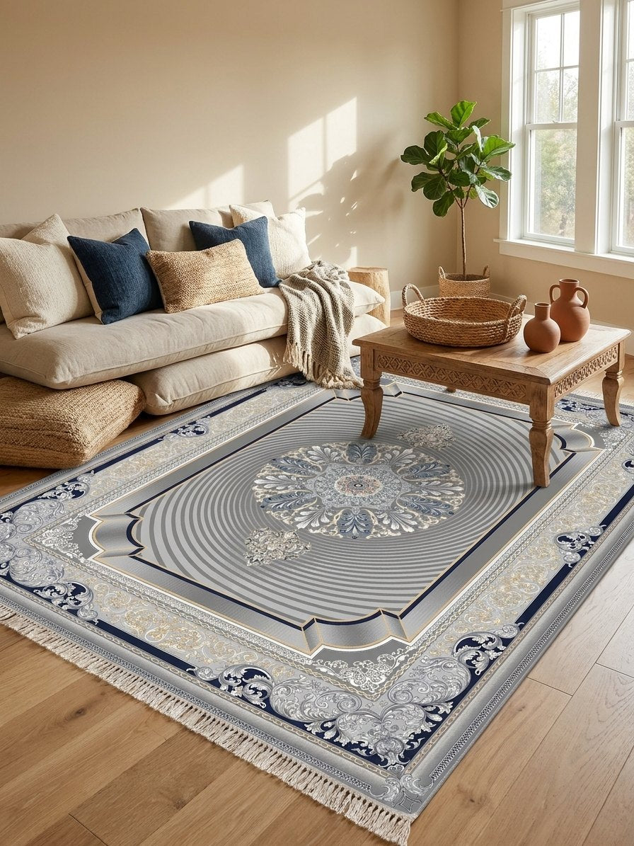 Dark Gray 3D Persian Rug · 1200 Reeds — size 5x7.5 ft (150x230 cm) 3.5Meters shown to scale in a living room — Stylish Rugs & Carpets, Sacramento