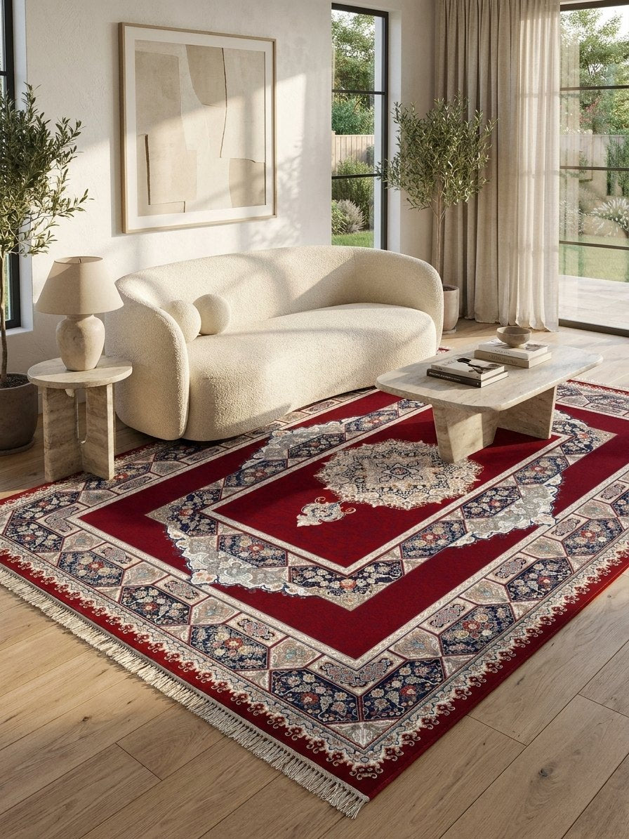 Red Medallion Persian Rug · 1200 Reeds — size 3x6Feet (91x200cm)  2Meters Runner shown to scale in a living room — Stylish Rugs & Carpets, Sacramento