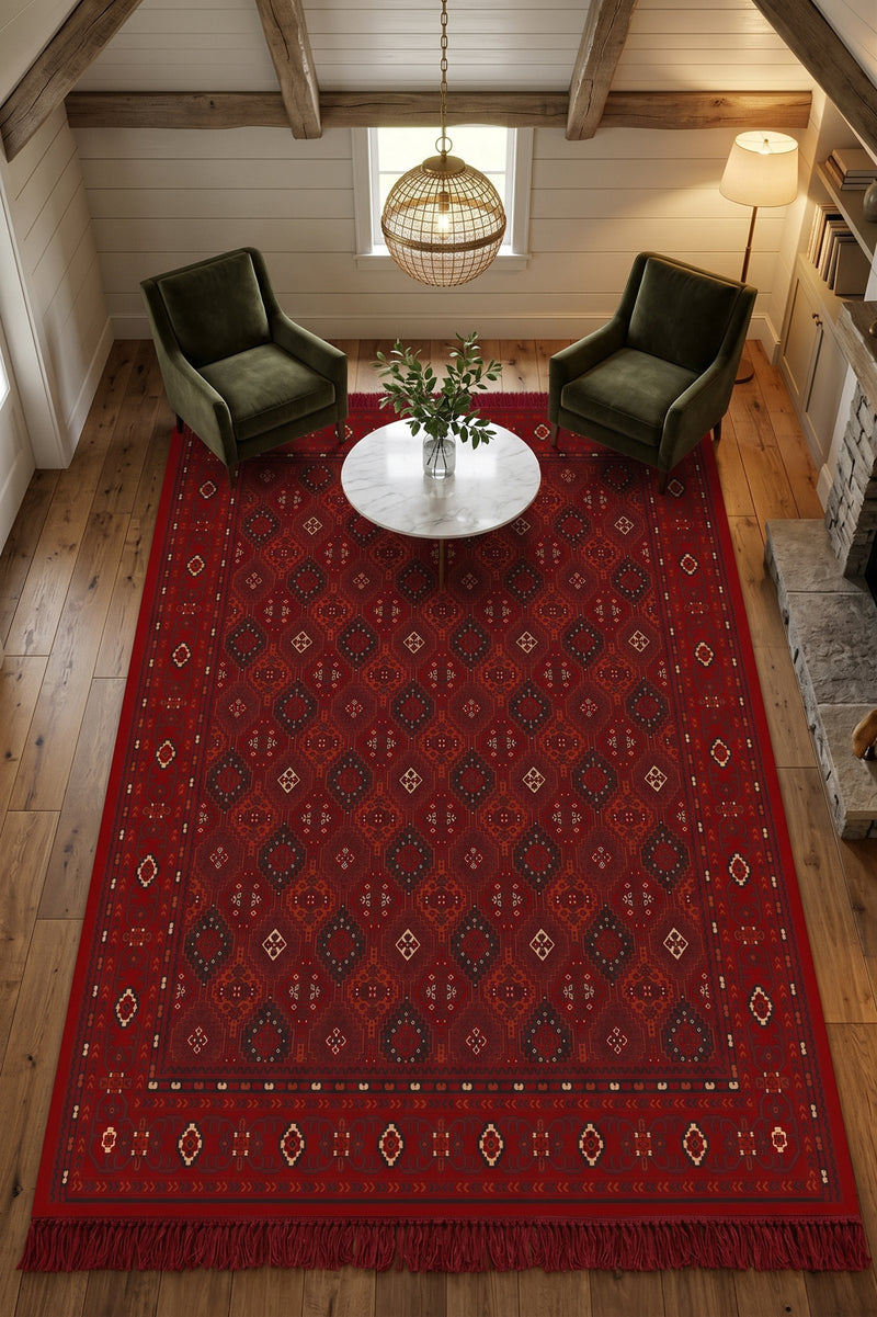 Red all-over diamond lattice Turkish rug, design 03139B — Stylish Rugs & Carpets, Sacramento