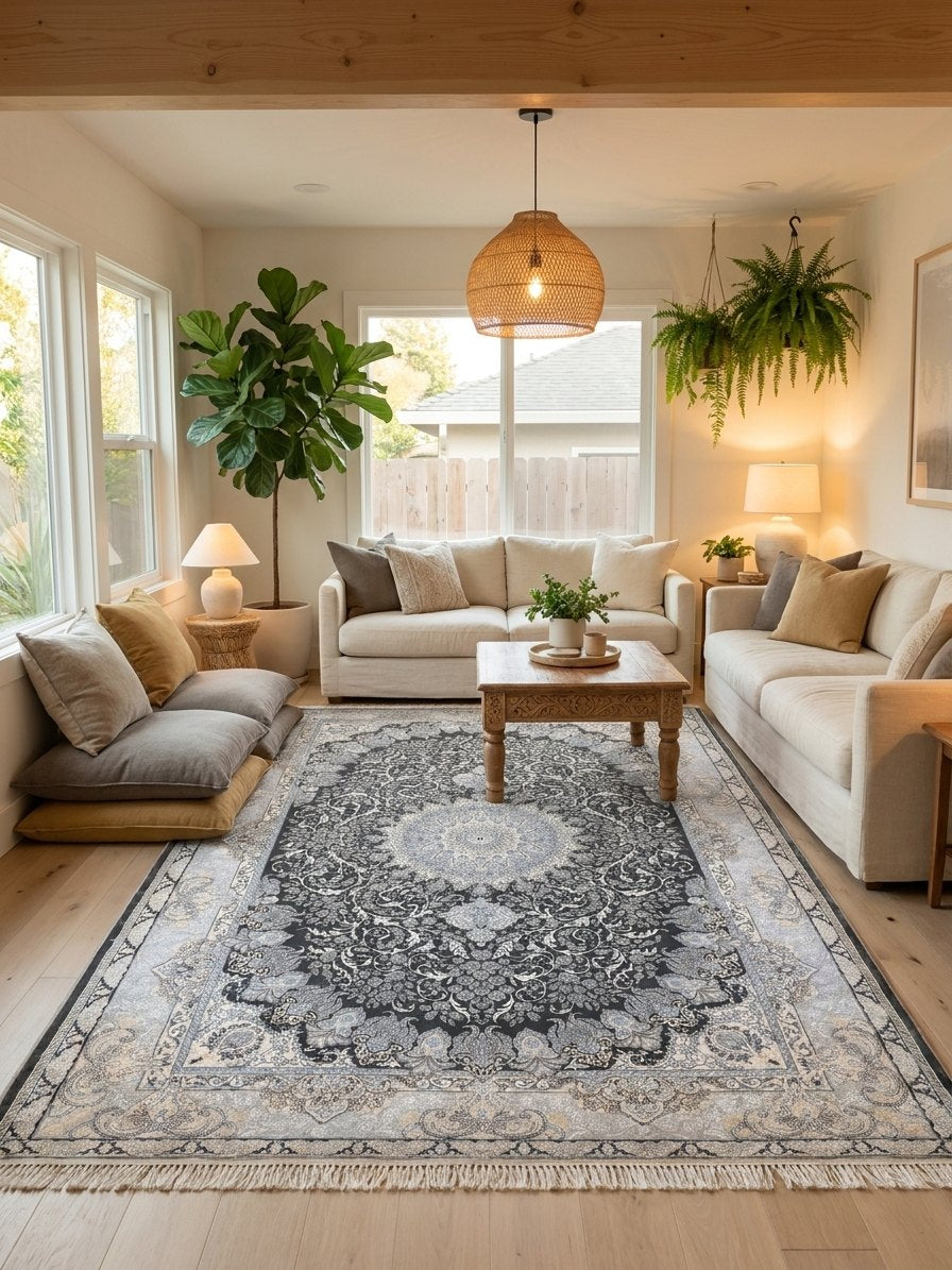 Persian Carpet - Gray & Gold and Cream Background rug styled in a Sacramento home — Stylish Rugs & Carpets