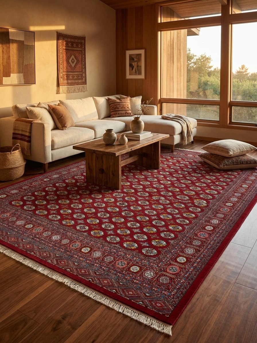 Red Tebriz Persian Rug — area rug styled in a room, Stylish Rugs & Carpets, Sacramento