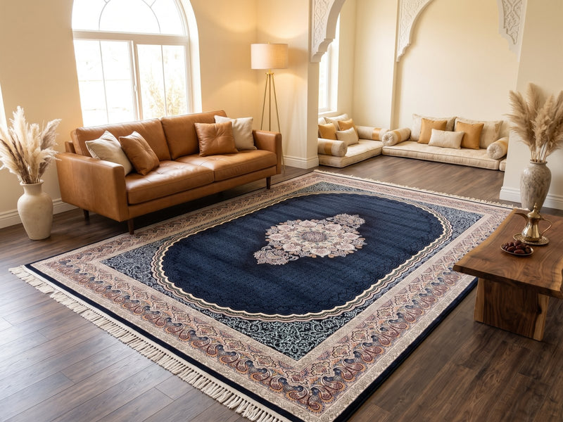 2026 Navy Blue Luxury Traditional Rug 1200 Reeds | Stylish Rugs & Carpets