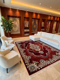 Mafkoor Persian Rug, Red — 1200 Reeds — area rug styled in a room, Stylish Rugs & Carpets, Sacramento