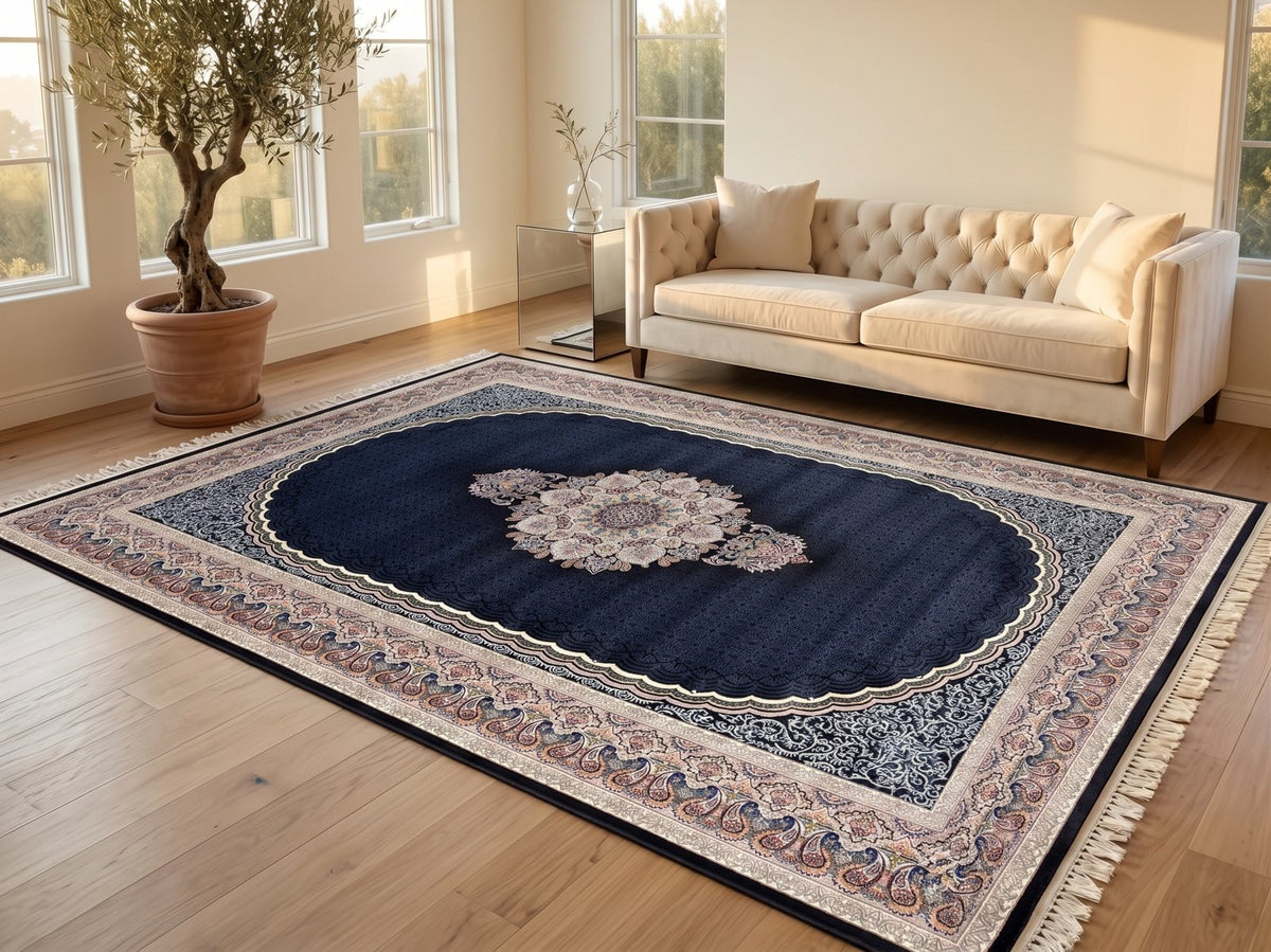 Navy Blue Traditional Persian Rug · 1200 Reeds — size 6.5x10 Feet (200x300 cm) 6Meters shown to scale in a living room — Stylish Rugs & Carpets, Sacramento