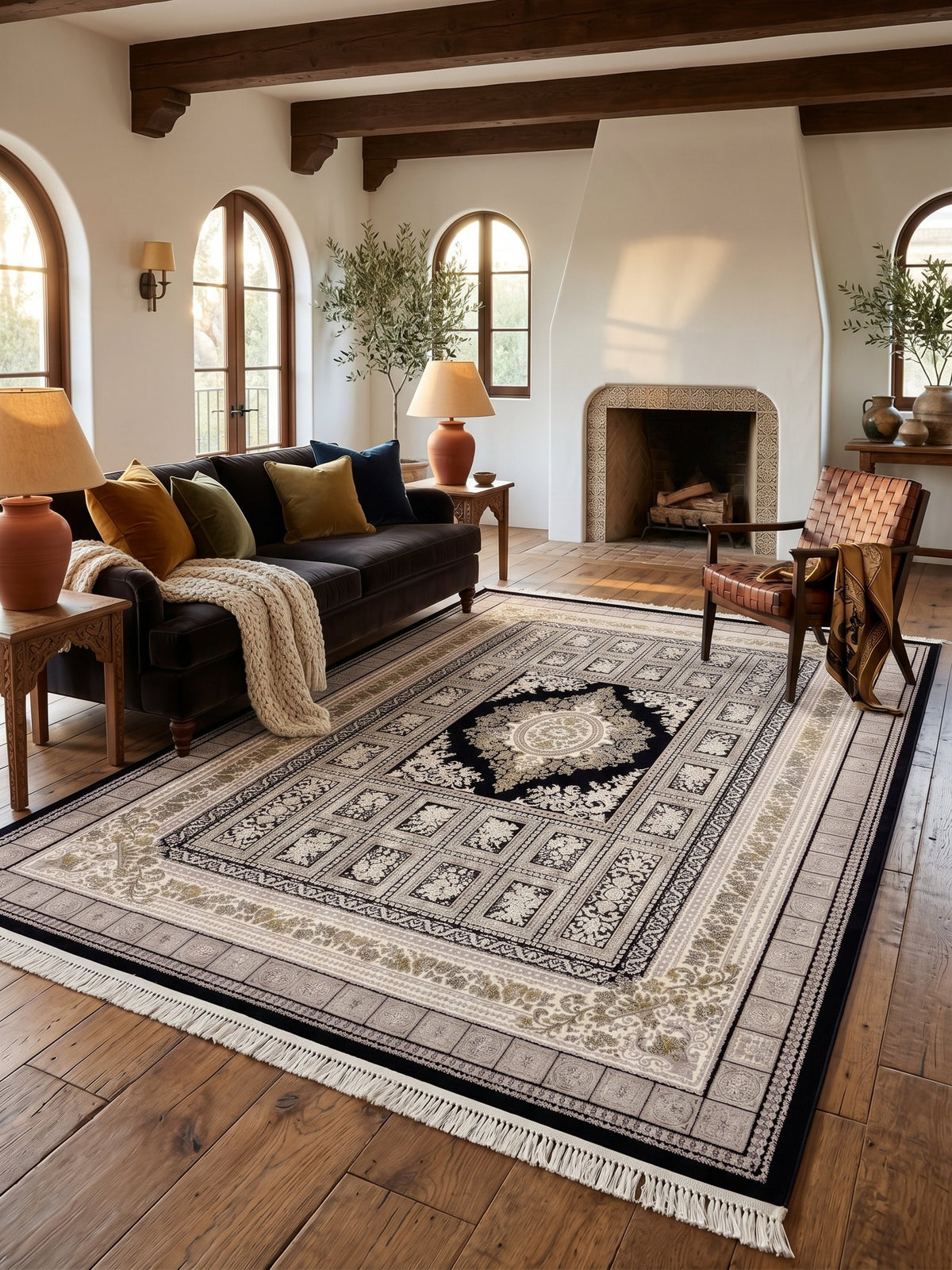 Navy & Gold Medallion Persian Rug · 1200 Reeds styled in a room — Stylish Rugs & Carpets, Sacramento