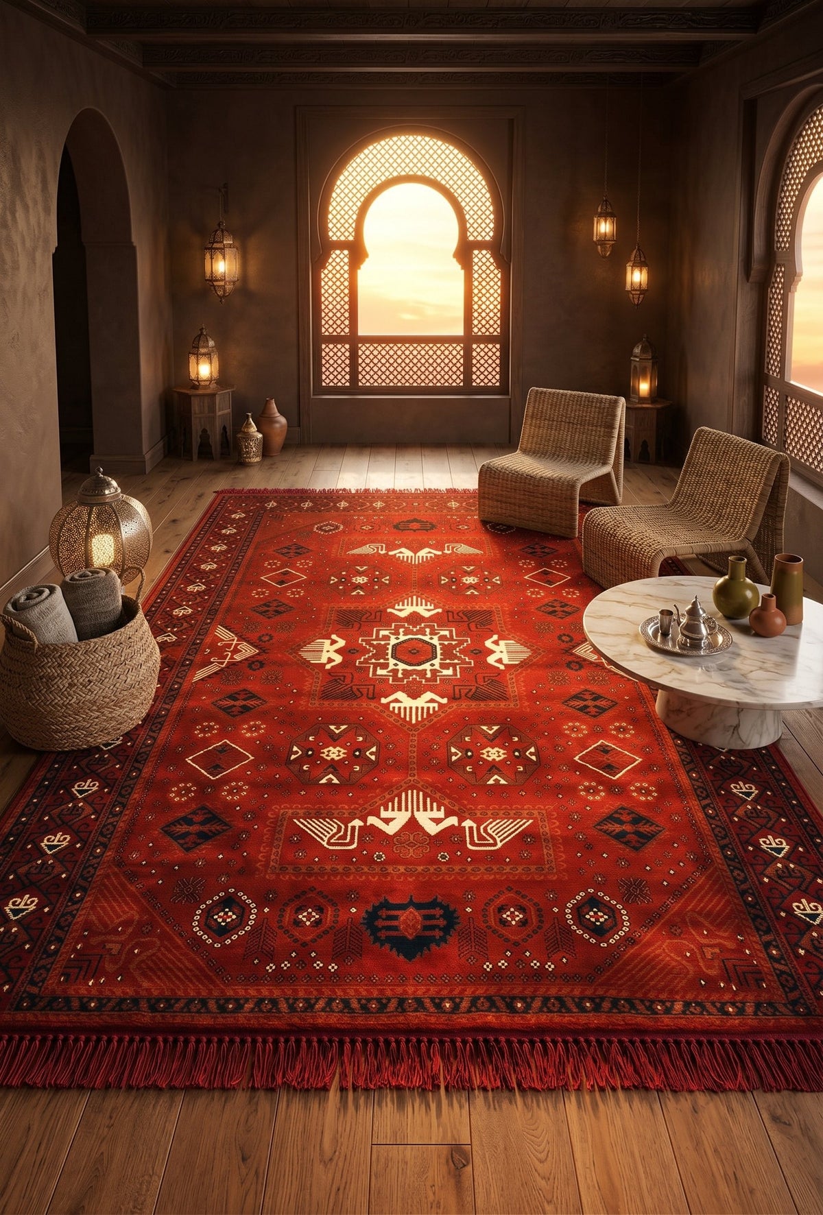 Red & Terracotta Kazak Turkish Rug — area rug styled in a room, Stylish Rugs & Carpets, Sacramento