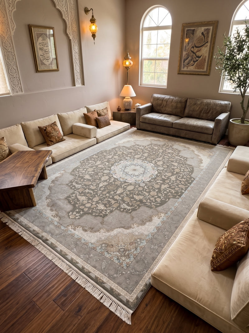 Persian Carpet Gray Background Intricate Floral Medallion Subtle Border Details