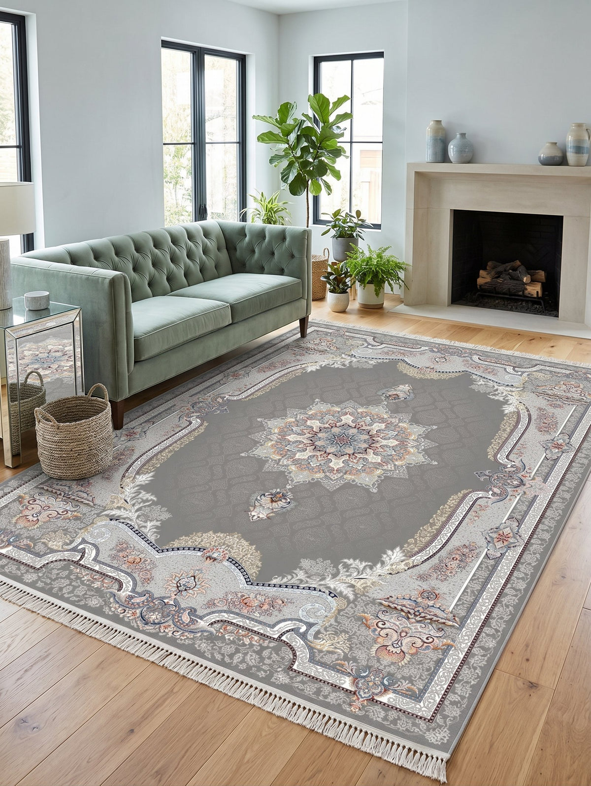 Steel Gray Ornate-Frame Medallion Persian Rug · 1200 Reeds styled in a room — Stylish Rugs & Carpets, Sacramento