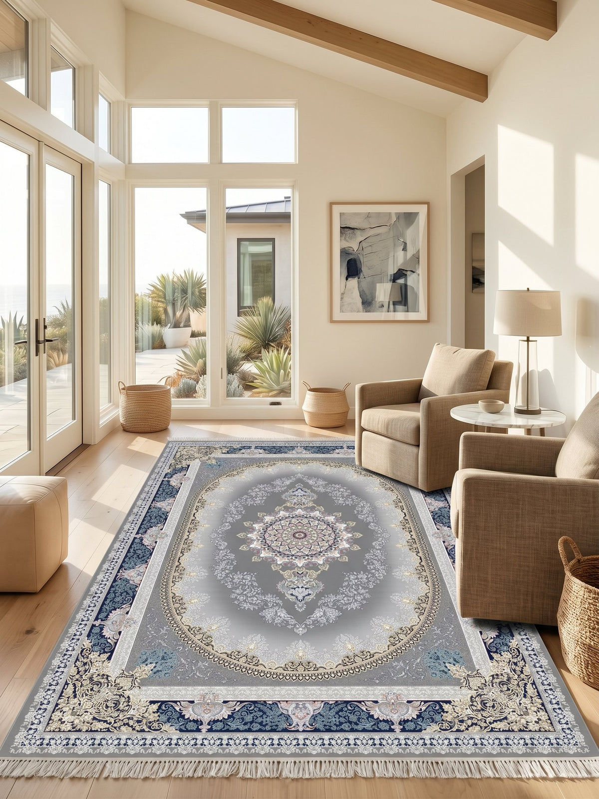 Navy-Border Oval Medallion Persian Rug · 1200 Reeds — size 3x10Feet (91x300cm)  3Meters Runner shown to scale in a living room — Stylish Rugs & Carpets, Sacramento