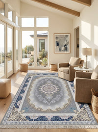 Navy-Border Oval Medallion Persian Rug · 1200 Reeds — size 3x10Feet (91x300cm)  3Meters Runner shown to scale in a living room — Stylish Rugs & Carpets, Sacramento