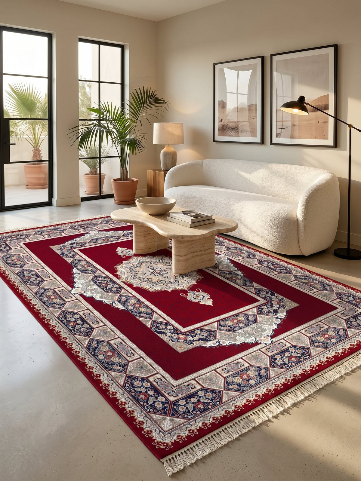 Red Traditional Medallion Persian Rug · 1200 Reeds — size 3×13 ft (91×400 cm) shown to scale in a living room — Stylish Rugs & Carpets, Sacramento