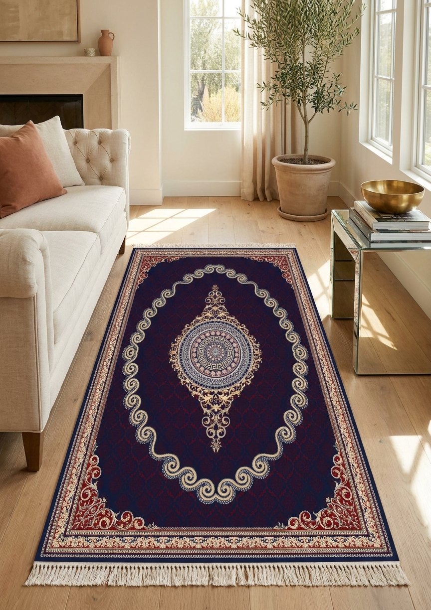 Red & Gold Scroll Persian Rug · 1200 Reeds — size 3x6Feet (91x200cm)  2Meters Runner shown to scale in a living room — Stylish Rugs & Carpets, Sacramento
