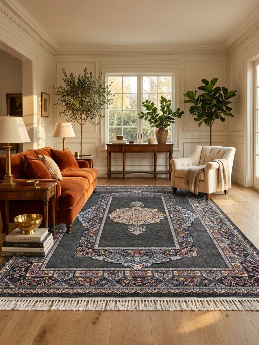 Dark Gray Medallion Persian Rug · 1200 Reeds rug styled in a Sacramento home — Stylish Rugs & Carpets