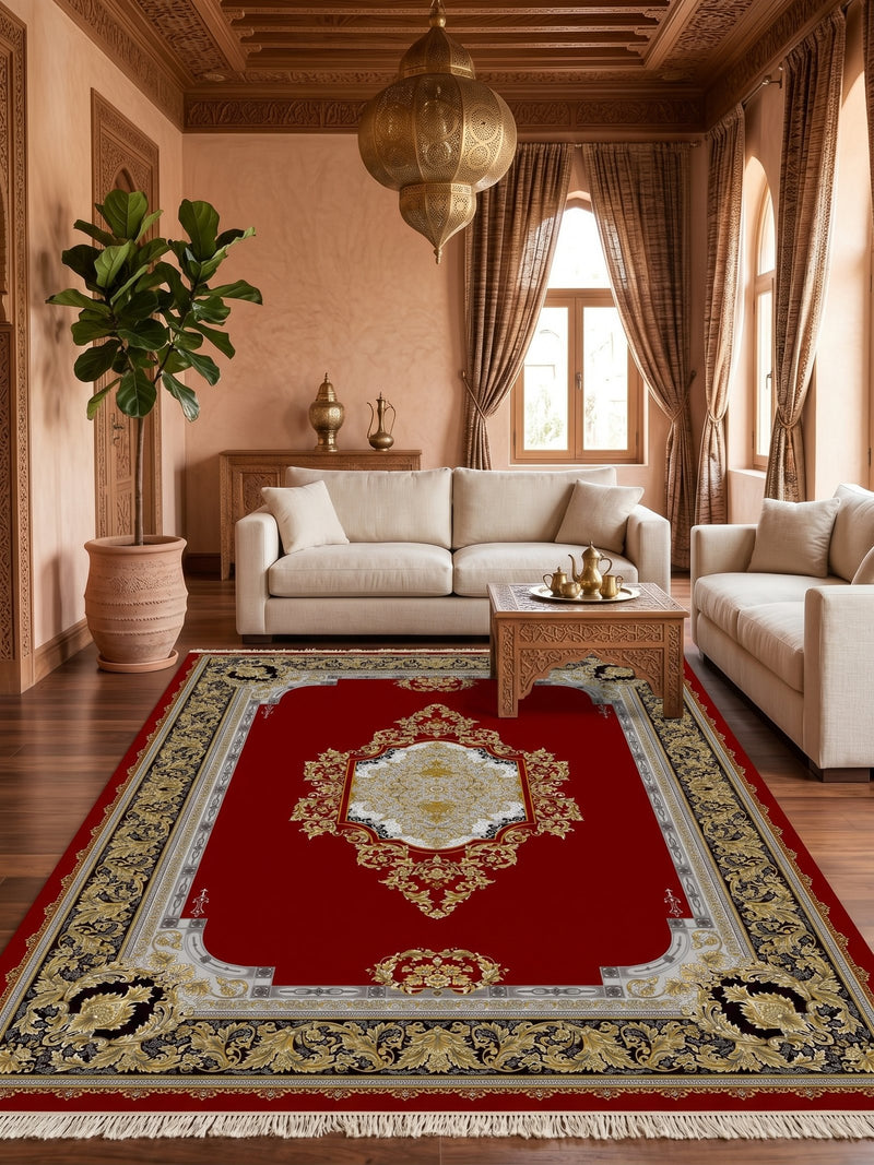 Shah Persian Carpet Red and Gold Background | Stylish Rugs & Carpets