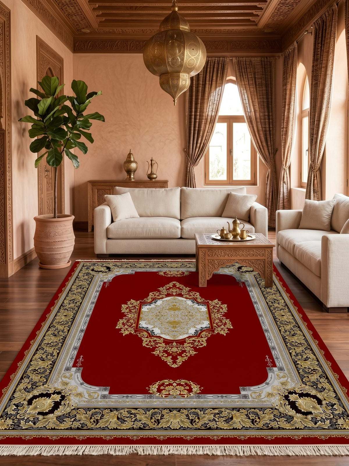 Red & Gold Medallion Shah Persian Rug styled in a room — Stylish Rugs & Carpets, Sacramento