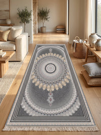 Dark Gray Oval Medallion Persian Rug · 1200 Reeds — size 3x13 Feet (91x400 cm) 4Meters Runner shown to scale in a living room — Stylish Rugs & Carpets, Sacramento