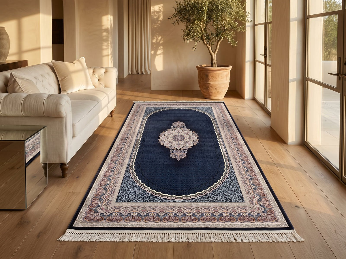 Navy Blue Traditional Persian Rug · 1200 Reeds — size 3x10Feet (91x300cm)  3Meters Runner shown to scale in a living room — Stylish Rugs & Carpets, Sacramento