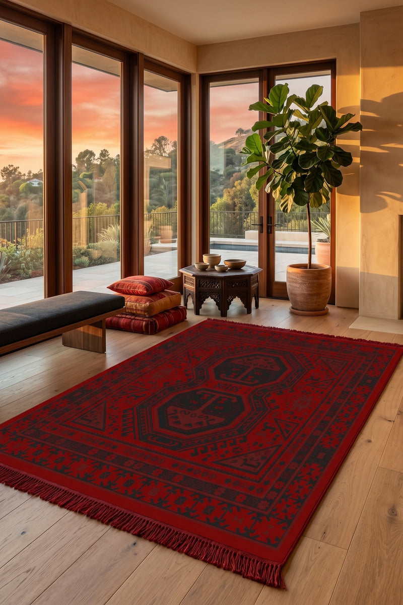 Red and black twin octagon medallion Turkish rug, design 05367A — Stylish Rugs & Carpets, Sacramento
