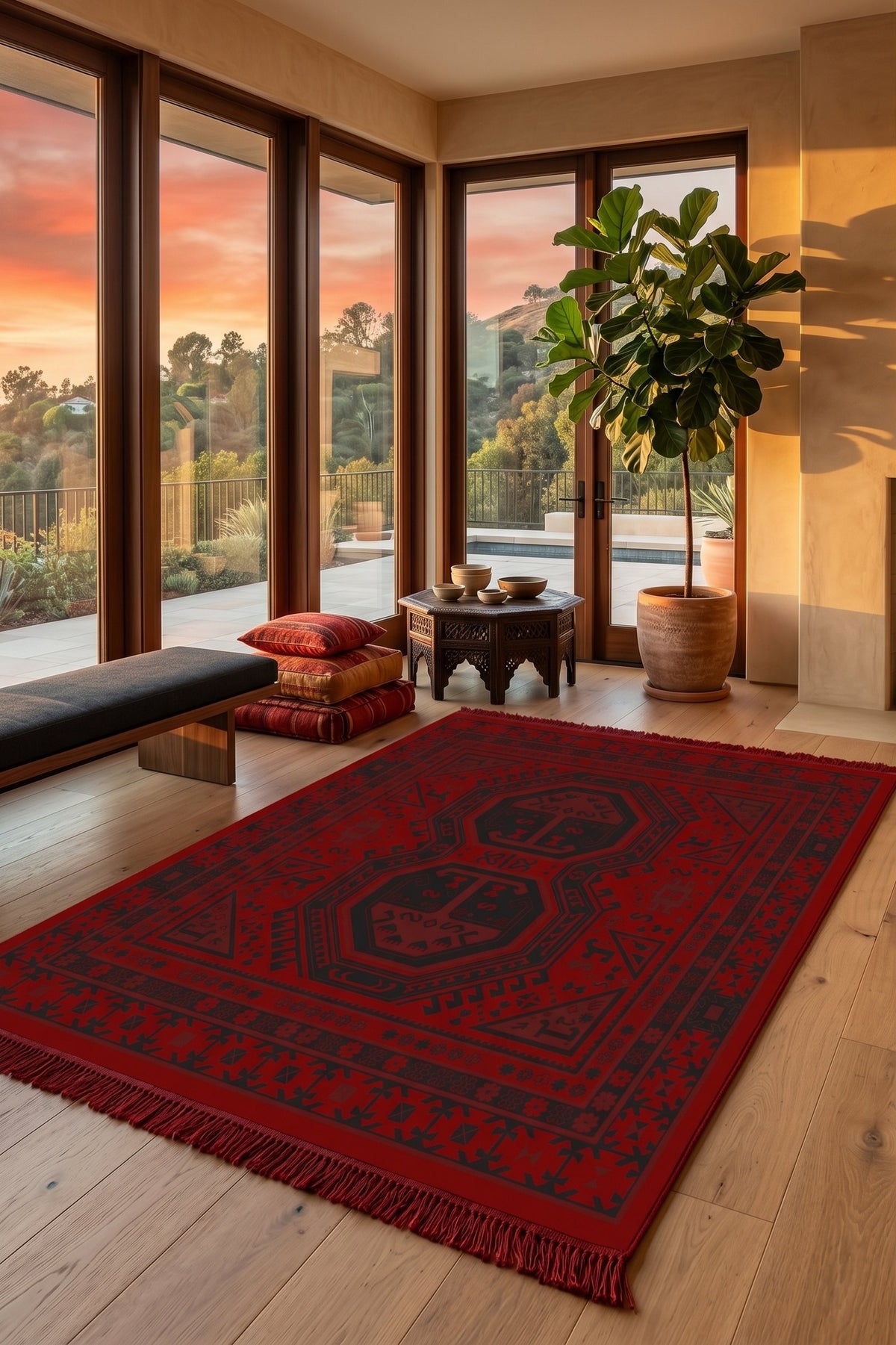 Red & Black Ersari Bokhara Turkish Rug — area rug styled in a room, Stylish Rugs & Carpets, Sacramento