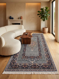 Light Gray Traditional Medallion Persian Rug · 1200 Reeds — size 3x10Feet (91x300cm)  3Meters Runner shown to scale in a living room — Stylish Rugs & Carpets, Sacramento