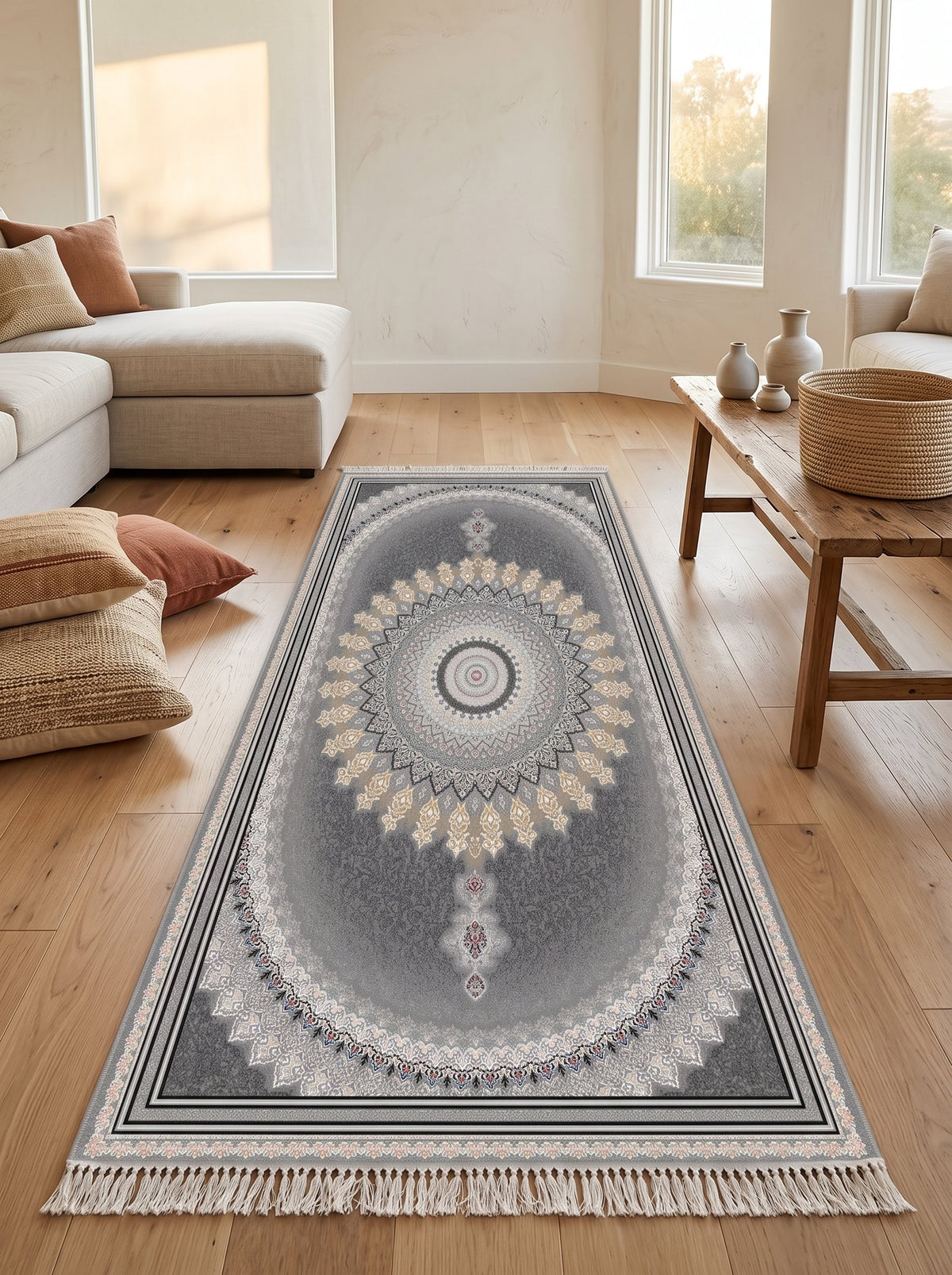 Dark Gray Oval Medallion Persian Rug · 1200 Reeds — size 3x10Feet (91x300cm)  3Meters Runner shown to scale in a living room — Stylish Rugs & Carpets, Sacramento