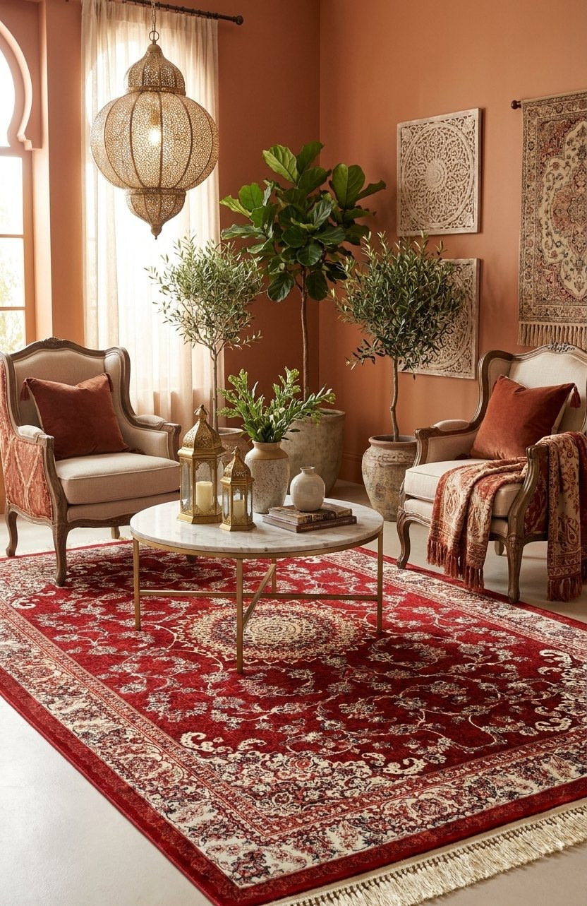 Traditional Red Kashan Turkish Area Rug 1200 Reeds — area rug styled in a room, Stylish Rugs & Carpets, Sacramento