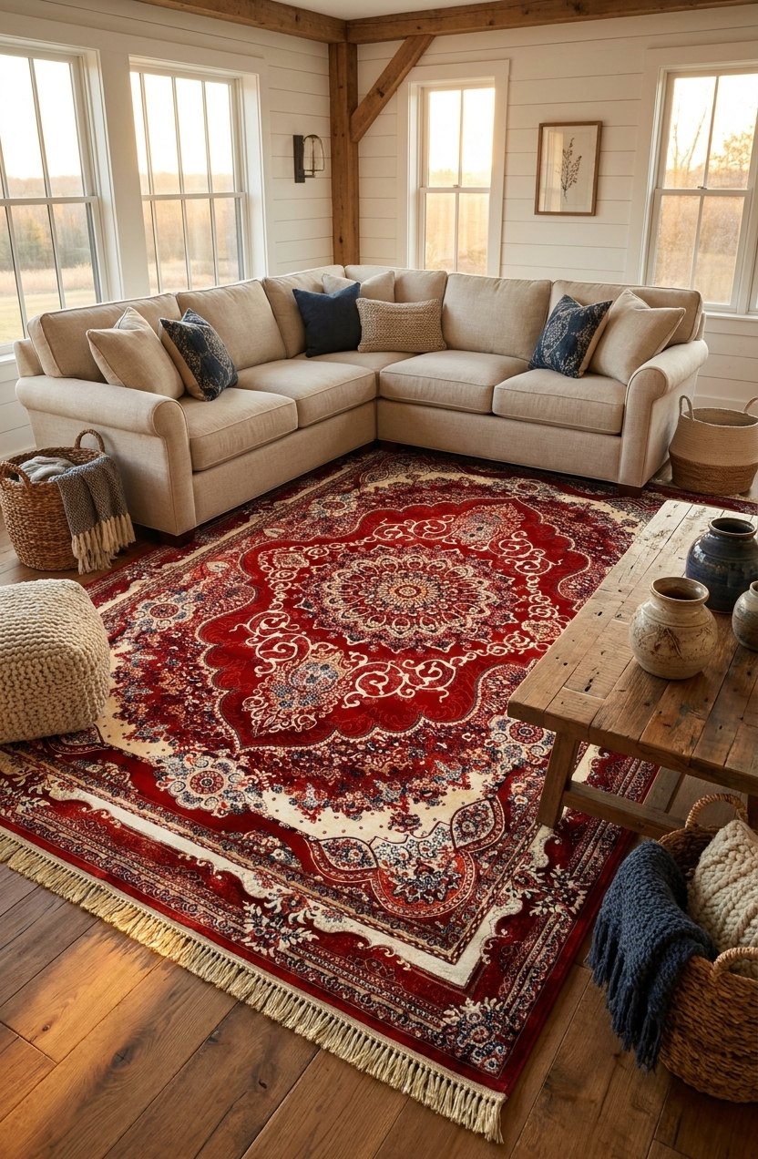 Traditional Kashan Red Floral Turkish Rug 1200 Reeds — area rug styled in a room, Stylish Rugs & Carpets, Sacramento
