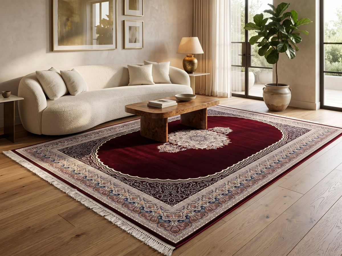 Burgundy Red Medallion Persian Rug · 1200 Reeds — size 8.2x11.5 Feet (250x350 cm) 9Meters shown to scale in a living room — Stylish Rugs & Carpets, Sacramento