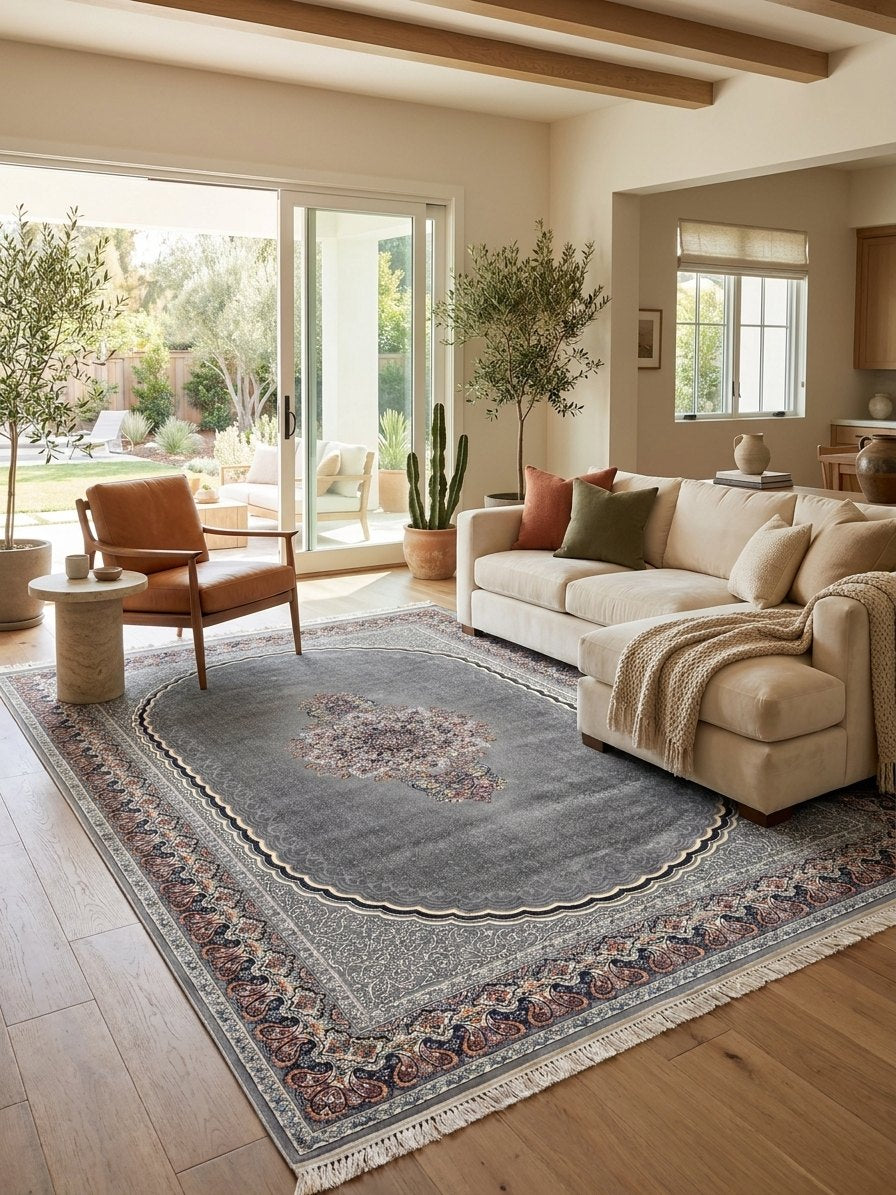 Light Gray Medallion Persian Rug · 1200 Reeds rug styled in a Sacramento home — Stylish Rugs & Carpets