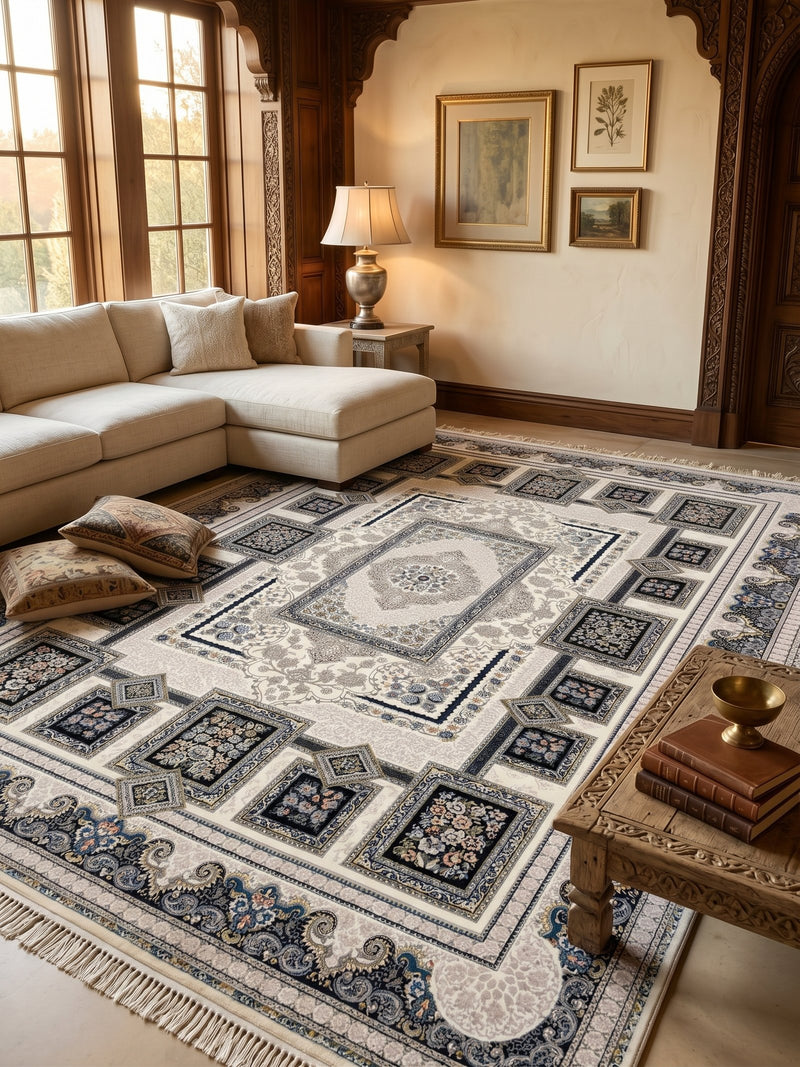 Modern Persian Carpet Cream and Silver Background | Stylish Rugs & Carpets