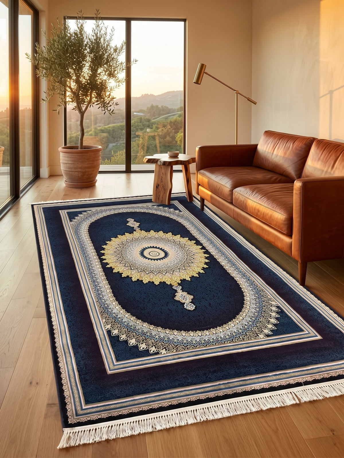 Navy & Burgundy Medallion Persian Rug · 1200 Reeds — size 3x10 Feet (91x300 cm)  3Meters Runner shown to scale in a living room — Stylish Rugs & Carpets, Sacramento