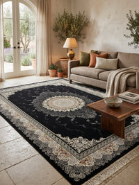Black Floral Turkish Rug styled in a room — Stylish Rugs & Carpets, Sacramento