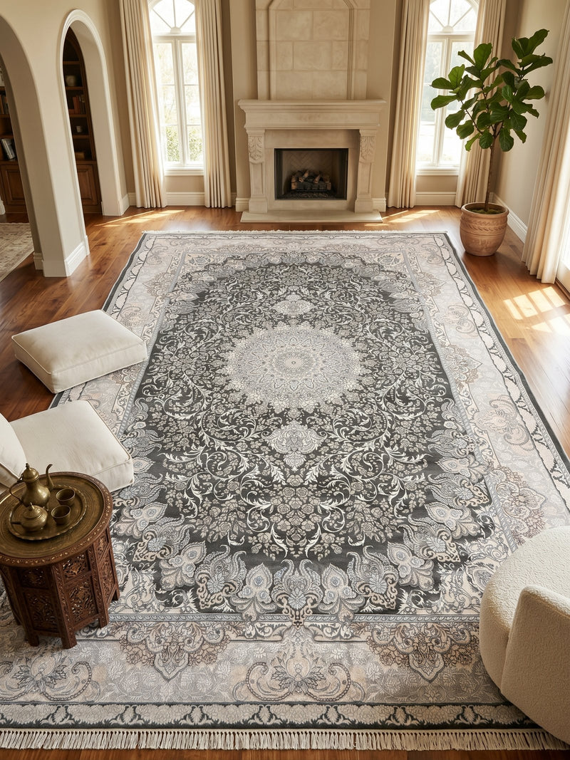 Dark Gray Floral Medallion Turkish Rug | Stylish Rugs