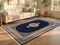 Navy Medallion Persian Rug · 1200 Reeds — size 3x10Feet (91x300cm)  3Meters Runner shown to scale in a living room — Stylish Rugs & Carpets, Sacramento