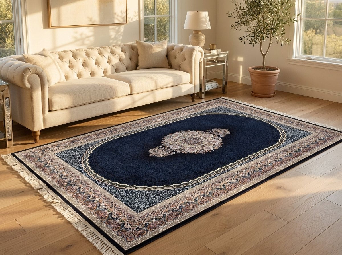 Navy Medallion Persian Rug · 1200 Reeds — size 3x10Feet (91x300cm)  3Meters Runner shown to scale in a living room — Stylish Rugs & Carpets, Sacramento