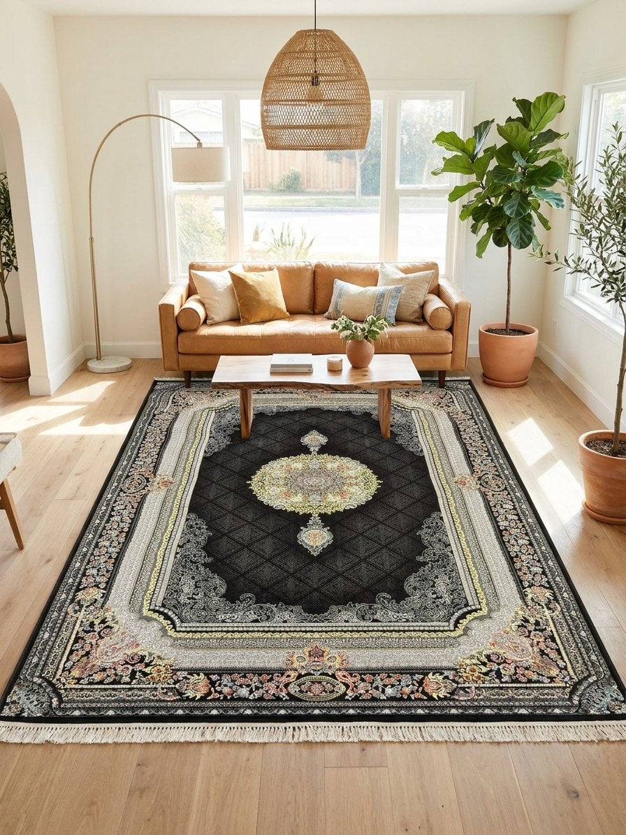 Black Medallion Turkish Rug rug styled in a Sacramento home — Stylish Rugs & Carpets