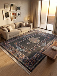 Dark Gray Traditional Medallion Persian Rug · 1200 Reeds — size 10x13 Feet (300x400 cm) 12Meters shown to scale in a living room — Stylish Rugs & Carpets, Sacramento