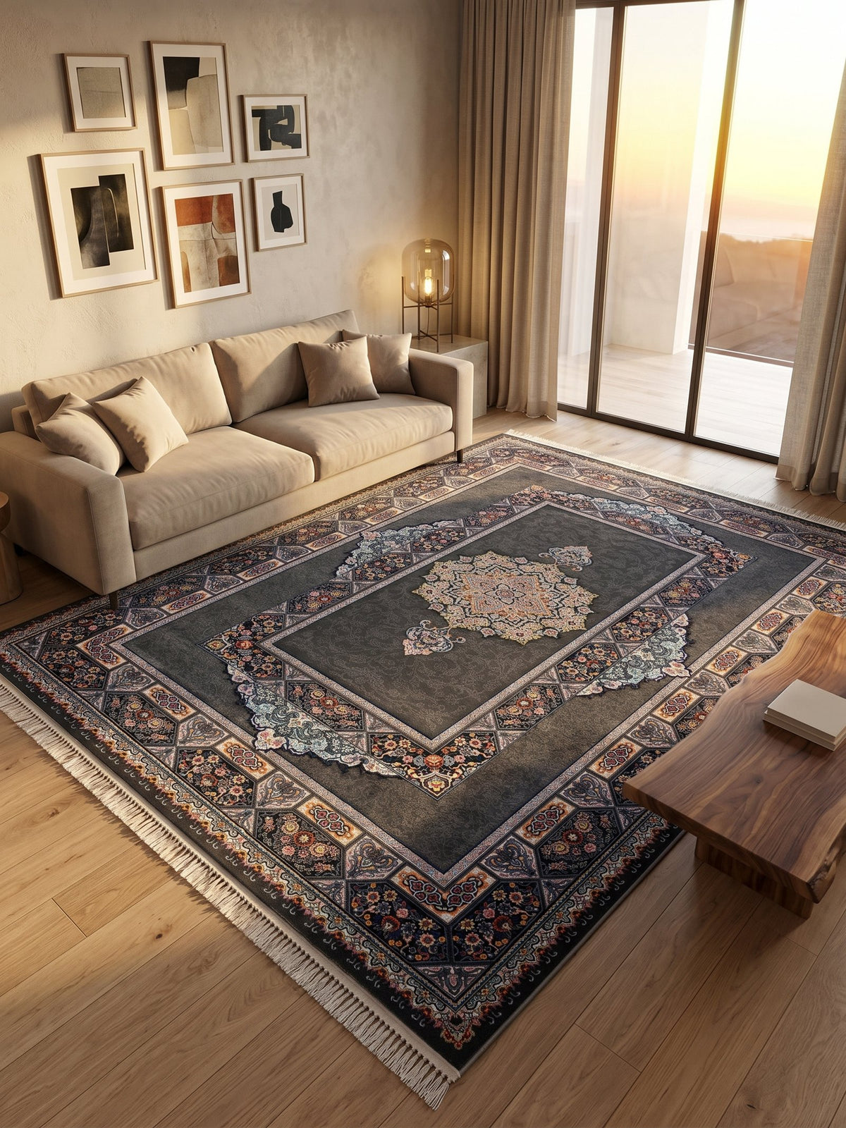Dark Gray Traditional Medallion Persian Rug · 1200 Reeds — size 10x13 Feet (300x400 cm) 12Meters shown to scale in a living room — Stylish Rugs & Carpets, Sacramento