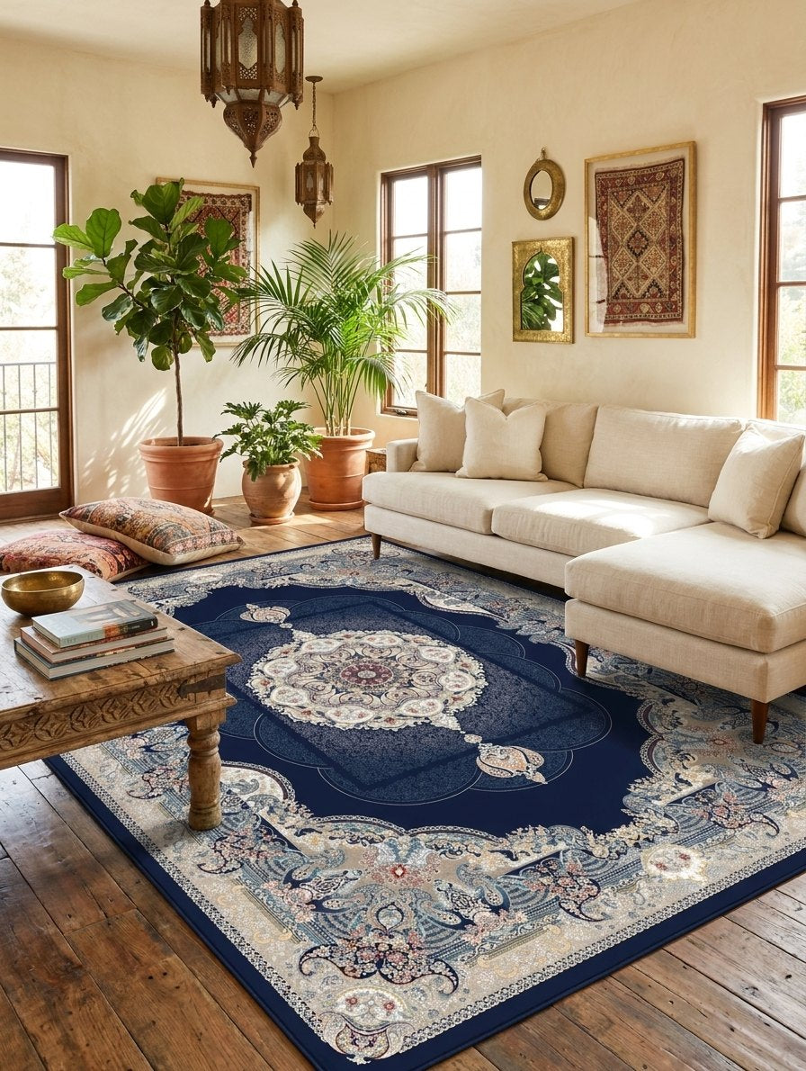 Navy Medallion Persian Rug · 1200 Reeds rug styled in a Sacramento home — Stylish Rugs & Carpets