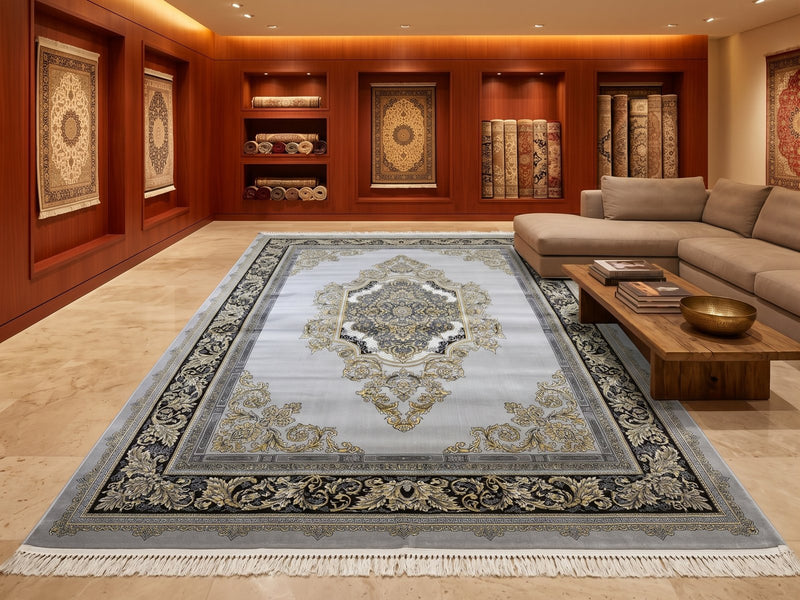 Gray & Gold Shah Persian Rug styled in a room — Stylish Rugs & Carpets, Sacramento