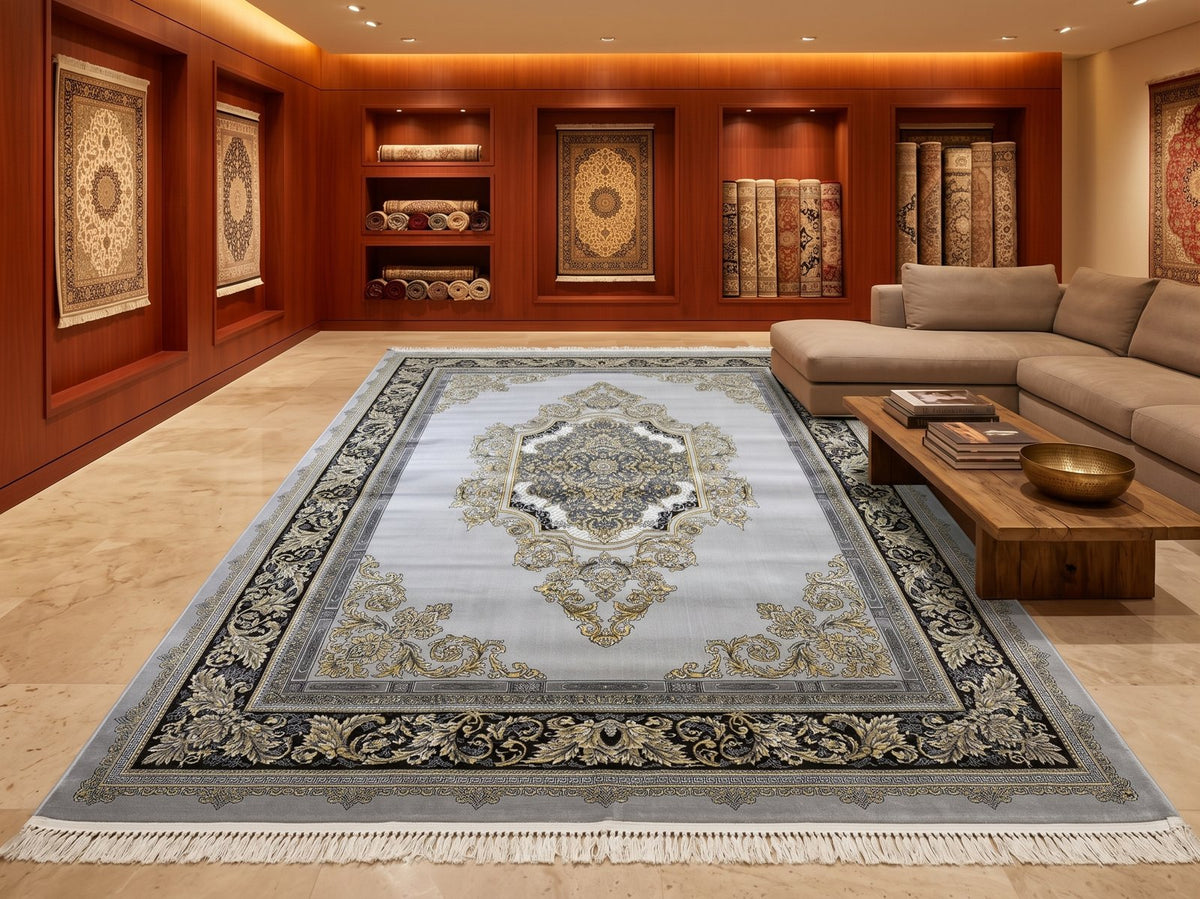 Gray & Gold Shah Persian Rug styled in a room — Stylish Rugs & Carpets, Sacramento