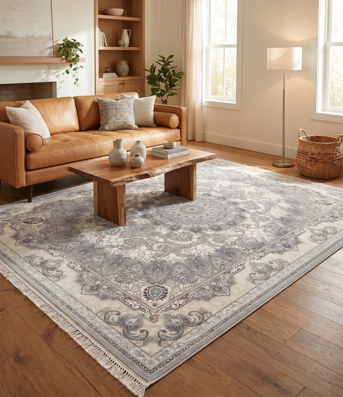 Light Gray Floral Medallion Turkish Rug — area rug styled in a room, Stylish Rugs & Carpets, Sacramento