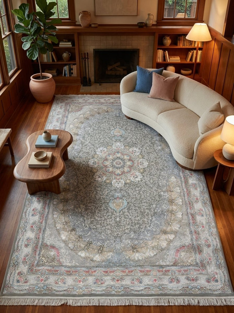 Persian Oval Carpet Gray Background Central Medallion Pastel Accents 2 Million Points